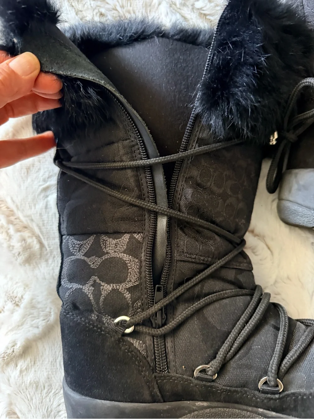 Coach Black Quilted Logo Faux-Fur Winter Boot